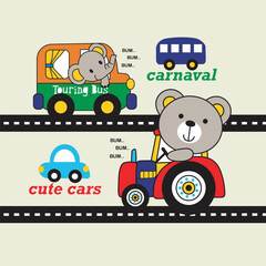 Bear and elephant are riding around the city in a car,design cartoon vector illustration