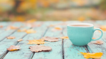 A steaming cup of tea sits on an outdoor table scattered with colorful autumn leaves, inviting warmth in the cool season