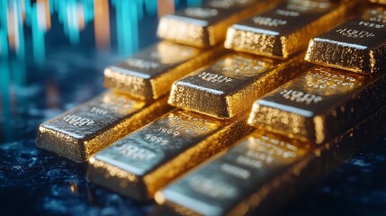 Gold bars aligned with a dynamic financial graph in the background, highlighting trends in gold investments and ETFs.