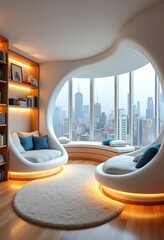 Fototapeta premium Modern Kids' Bedroom with a Touch of Nature: Cloud Theme and Floor-to-Ceiling Windows