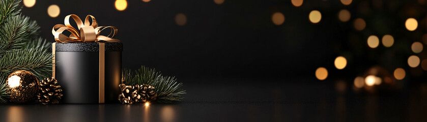 A black box with a gold bow on top of a black background. The box is surrounded by Christmas decorations such as pine cones and a tree