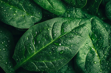 Close up of fresh vibrant green spinach leaves with water drops

