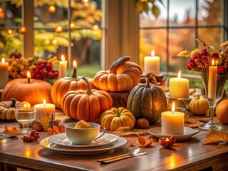 Cozy autumn dining room table setting featuring pumpkins, dry leaves, and burning candles, evoking warmth and inviting ambiance on a crisp fall evening.