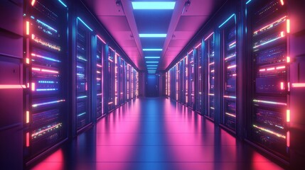 Fototapeta premium Neon-Lit Server Room Corridor