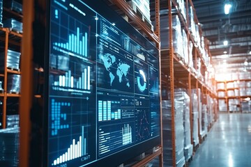 A Warehouse Employing Advanced Analytics For Inventory Management. The Digital Screen Displays Inventory Data And Insights