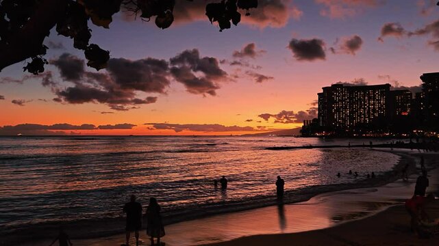 Hawaiian Sunset Casting Golden Glow Over Waikiki Shoreline, travel tropical vaca