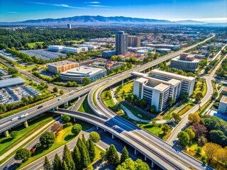 Fototapeta premium Bird's eye view of modern tech campus surrounded by residential apartments, busy highway interchange, and parked vehicles in sunny Silicon Valley, California landscape.