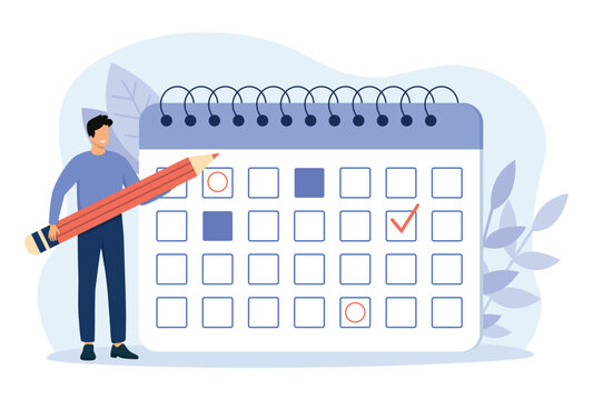 Characters planning work tasks and making schedule using calendar. Man with pencil appointing date of event and making note in calendar. Business and organization concept. Vector illustration.