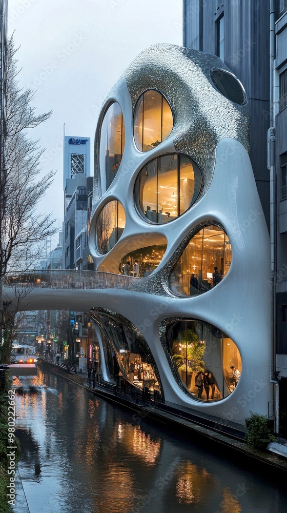 Poster a stunning modern building stands beside a calm river. curved shapes and glass windows reflect innov