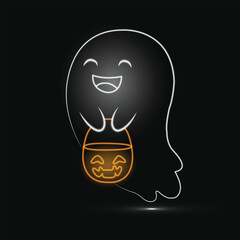 Scary ghost. Neon. Line art. Halloween Ghost. Glowing neon line. Funny and scary ghost.. Jack o lantern. Happy Halloween party. Isolated on black background. Hand Drawn. Vector illustration. Spooky.
