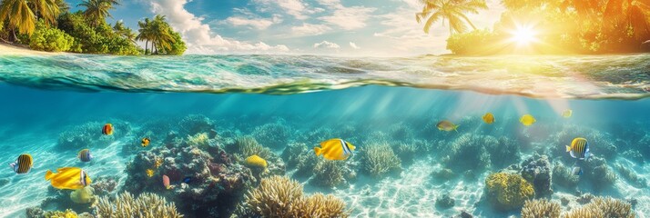 A tropical travel beach with clear waters, colorful fish swimming around coral reefs, and golden sun shining overhead