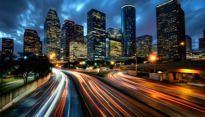 Fototapeta premium A bustling city at night, with skyscrapers illuminated and traffic creating streaks of light