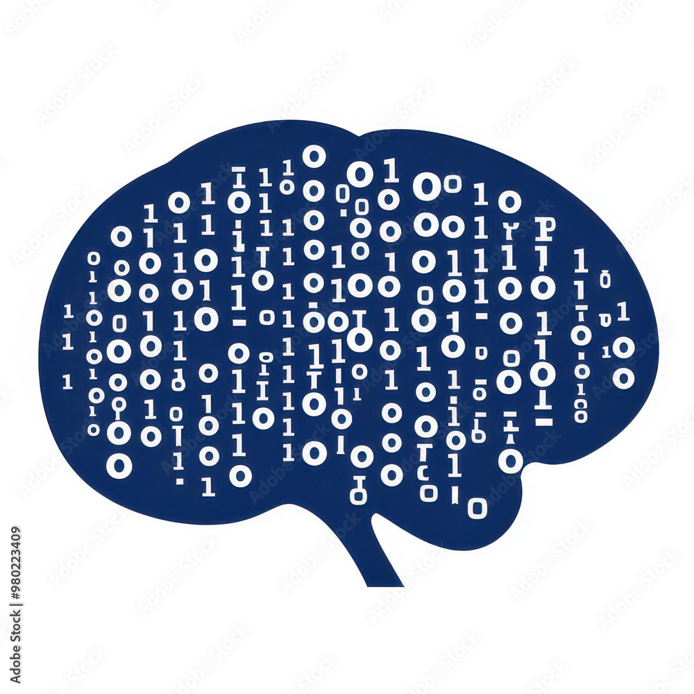 Poster a blue logo featuring binary code shaped like a brain, set against a clean white background for a te