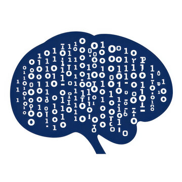 A blue logo featuring binary code shaped like a brain, set against a clean white background for a techy vibe.