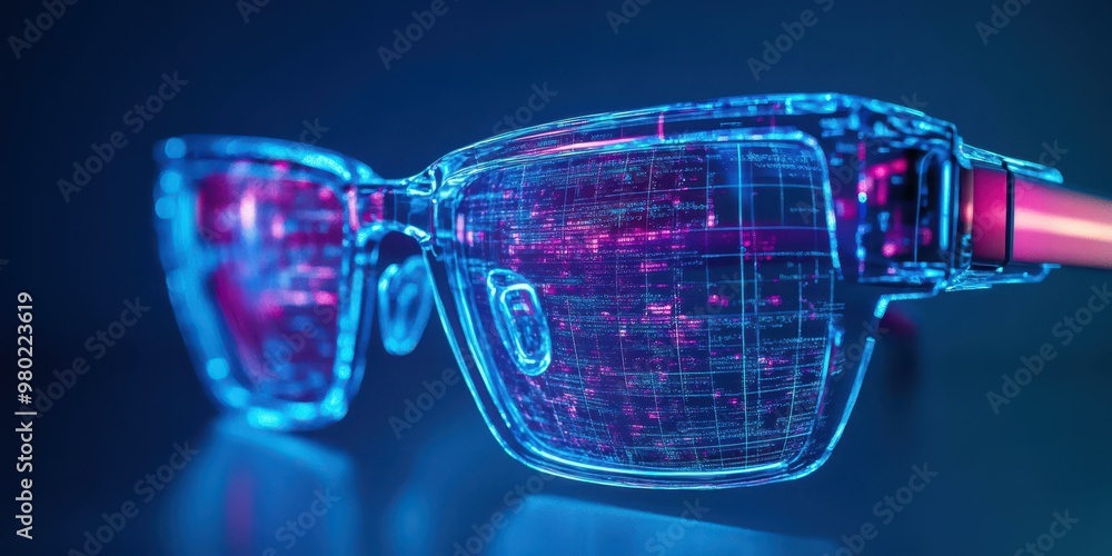 Poster discover innovative reading glasses that blend style with technology, displaying holograms for an en