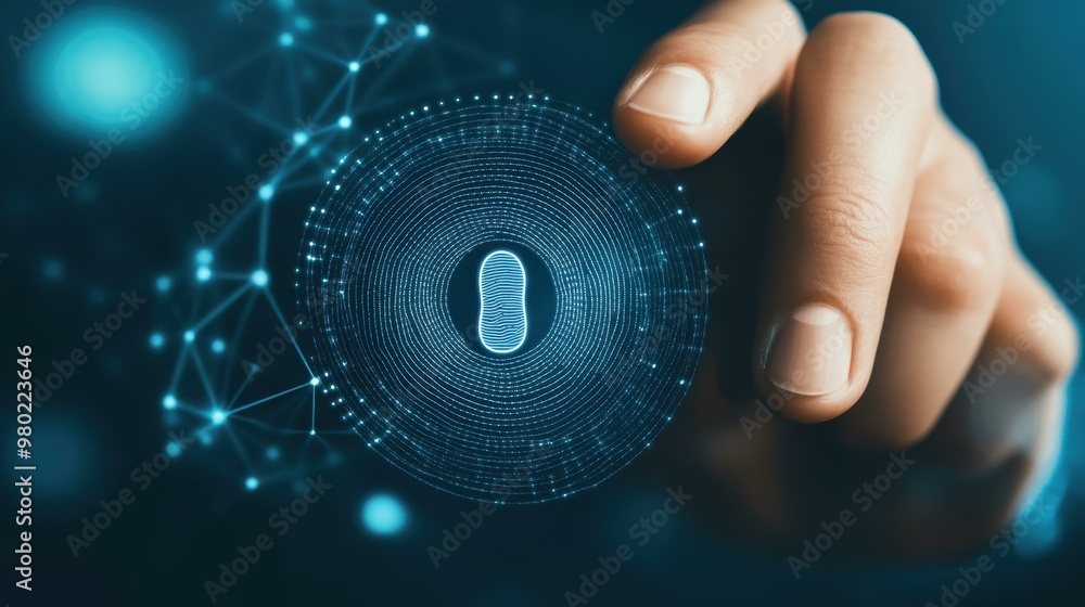 Poster a businessman secures his mobile banking with biometrics, utilizing fingerprint scan and face id for