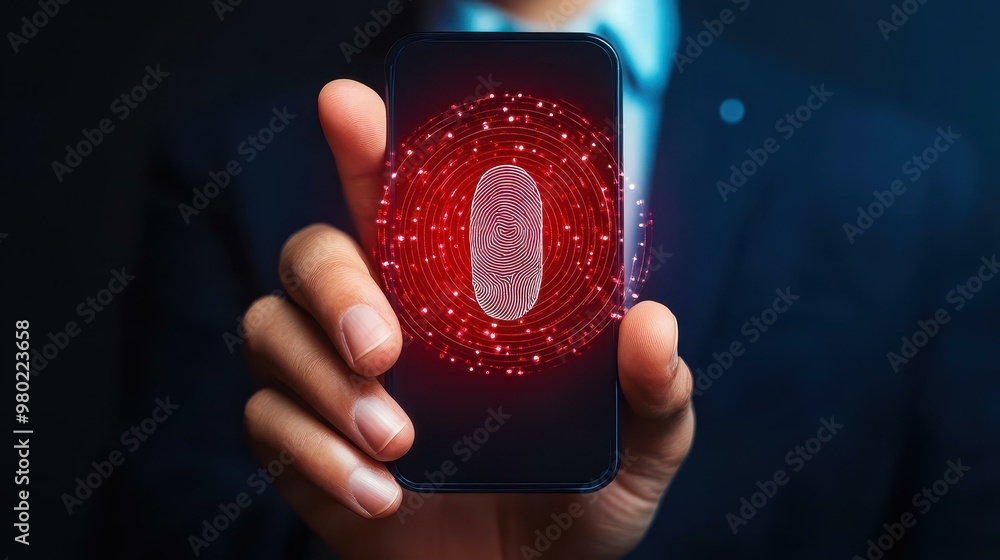 Poster a businessman effortlessly uses mobile digital banking with fingerprint authentication, highlighting