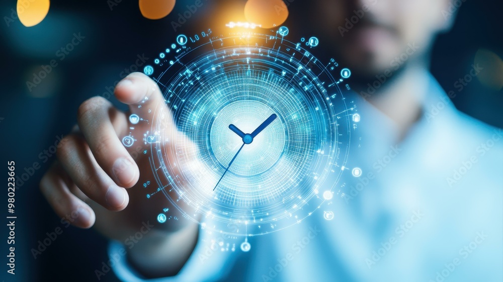 Poster a businessman engages with a virtual time management icon, enhancing work efficiency and optimizing 