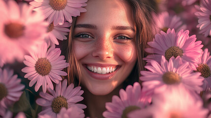 A joyful girl surrounded by pink flowers celebrates World Smile Day in a sunny garden