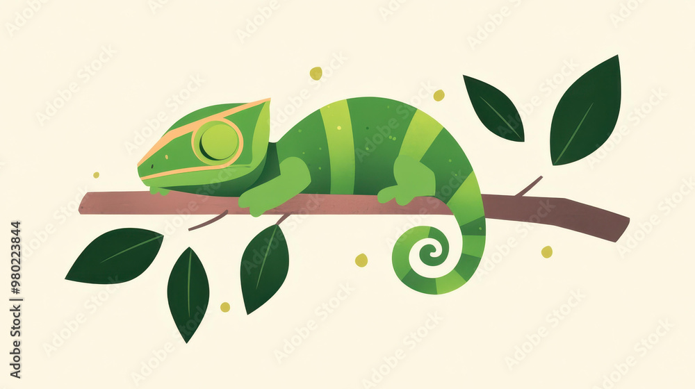 Poster a stunning minimalist design of a chameleon perched on a slender branch, highlighting clean lines an