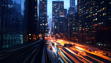 Naklejka premium A bustling city at night, with skyscrapers illuminated and traffic creating streaks of light