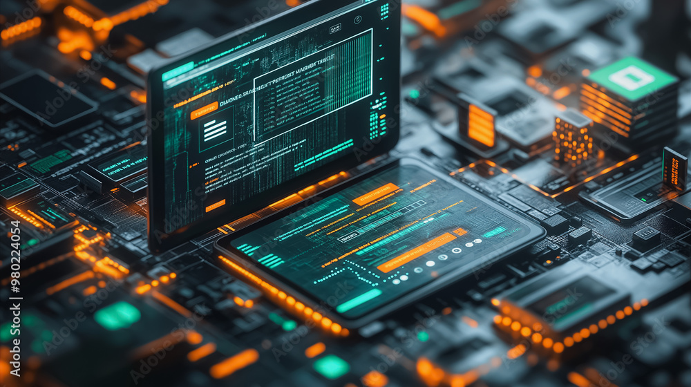 Poster a computer monitor is displayed on a circuit board with many other electronic components. concept of