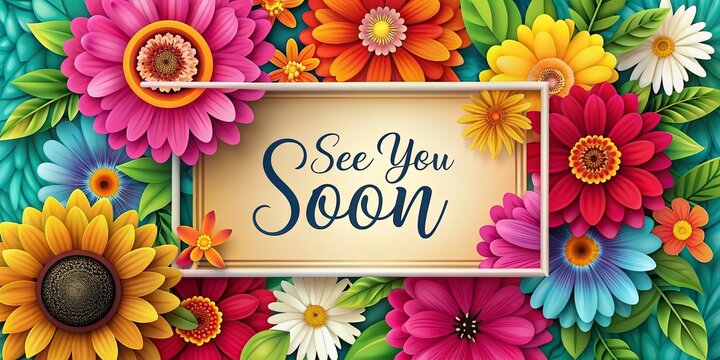 Vibrant flowers bloom behind a modern rectangle containing "see you soon" text, offering a creative and colorful farewell card design with ample copy space. - Powered by Adobe