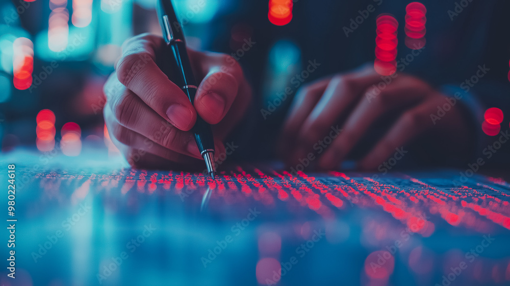 Poster a person is writing with a pen on a computer screen. concept of focus and concentration as the perso