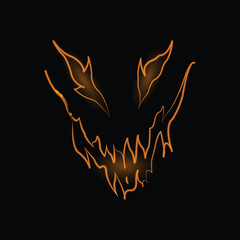 Jack O Lantern Face. Neon line. Halloween Pumpkin. Scary funny Monster Faces. Ghost. Spooky glowing face. Halloween day. Neon eyes and mouth. Isolated on a black background.  carved pumpkin heads.
