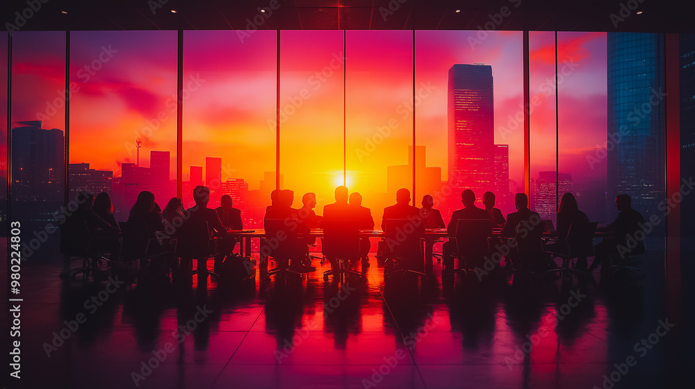 Poster a group of people are sitting in a room with a large window that has a sunset in the background