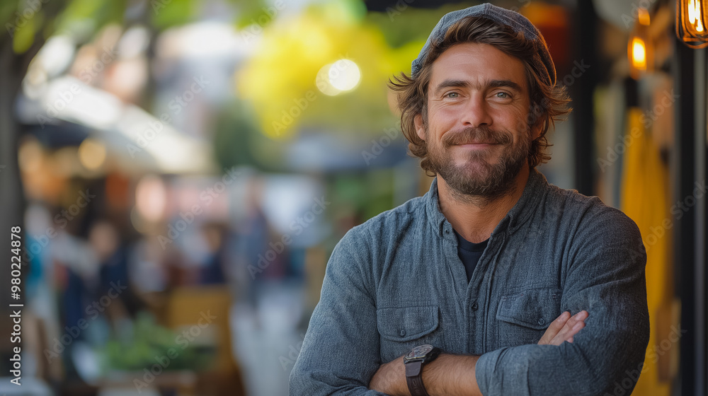 Poster a man with a beard and a hat is smiling for the camera. he is standing in front of a restaurant with