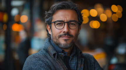Obraz premium A man with glasses is standing in front of a blurry background. He is smiling and looking directly at the camera