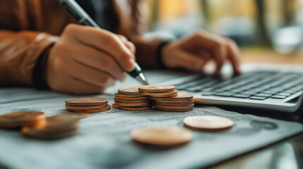 A person is writing on a piece of paper with a pen, and there are several coins on the table. Concept of financial planning or budgeting, as the person is likely writing down their expenses or income