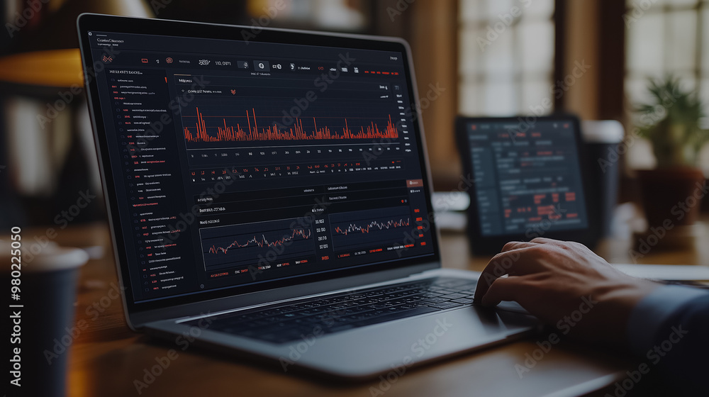 Poster a person is using a laptop to look at stock market data. the laptop is open to a screen displaying a