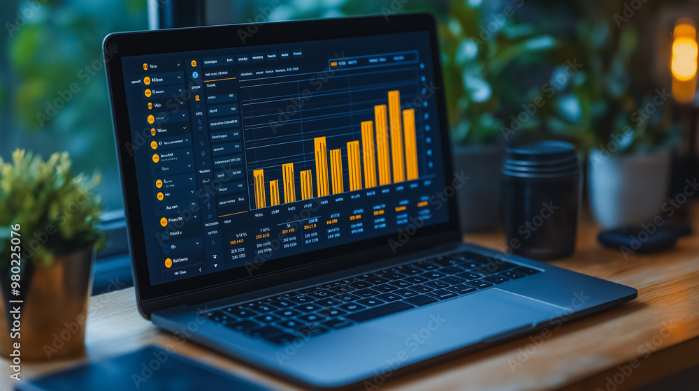 Poster a laptop is open to a screen displaying a graph with a lot of numbers. the laptop is on a wooden des