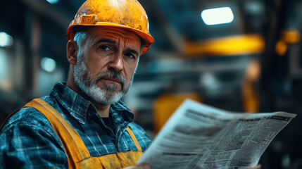 Middle aged factory worker reading classified ads with focused expression, wearing hard hat and safety gear in an industrial setting