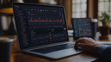 A person is using a laptop to look at stock market data. The laptop is open to a screen displaying a graph of stock prices. The person is focused on the screen