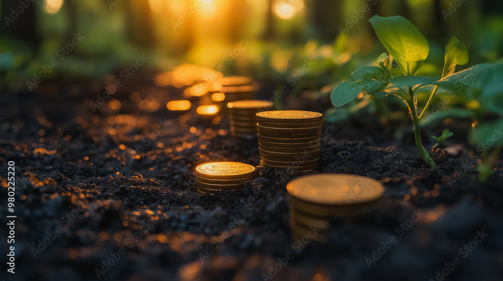 Poster a row of coins are scattered on the ground in front of a plant. the coins are of different sizes and