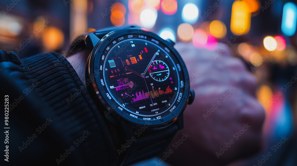 Poster a watch with a black face and a black band. the watch has a digital display and a few numbers on it
