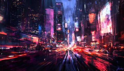 Obraz premium A bustling city at night, with skyscrapers illuminated and traffic creating streaks of light