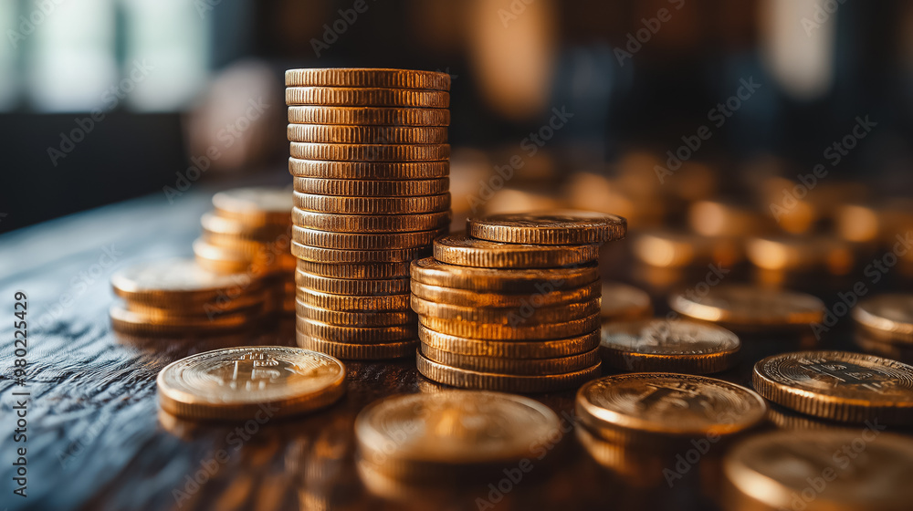 Poster a pile of gold coins on a wooden table. the coins are stacked on top of each other, creating a visua