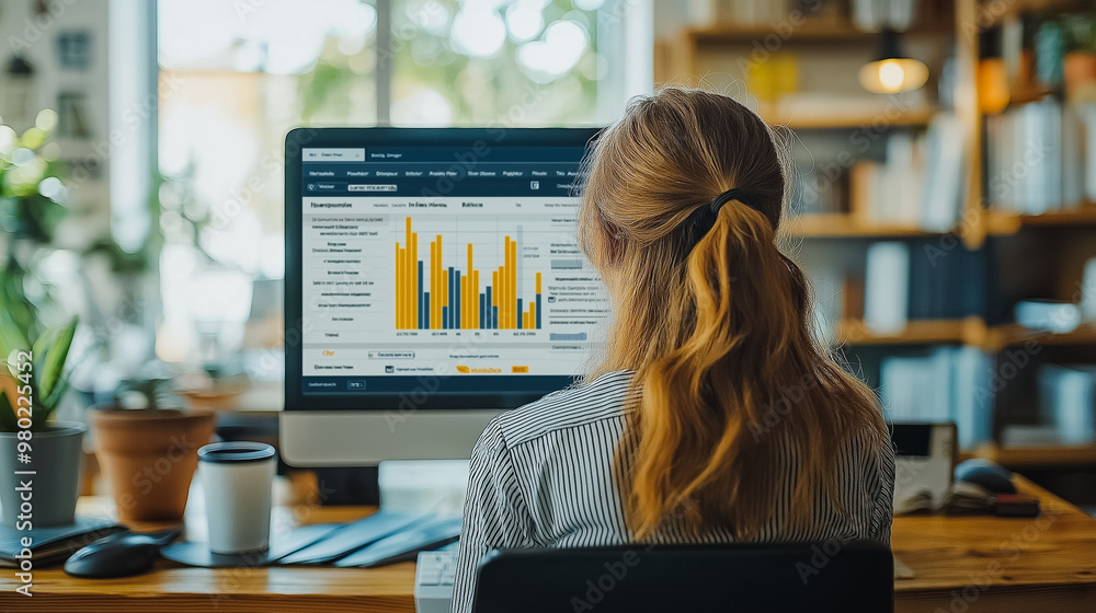Poster a woman is sitting at a desk in front of a computer monitor. she is looking at a graph on the screen