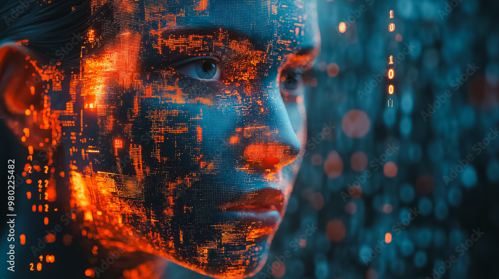 Poster a woman's face is shown in a computer generated image with a cityscape in the background. the image 