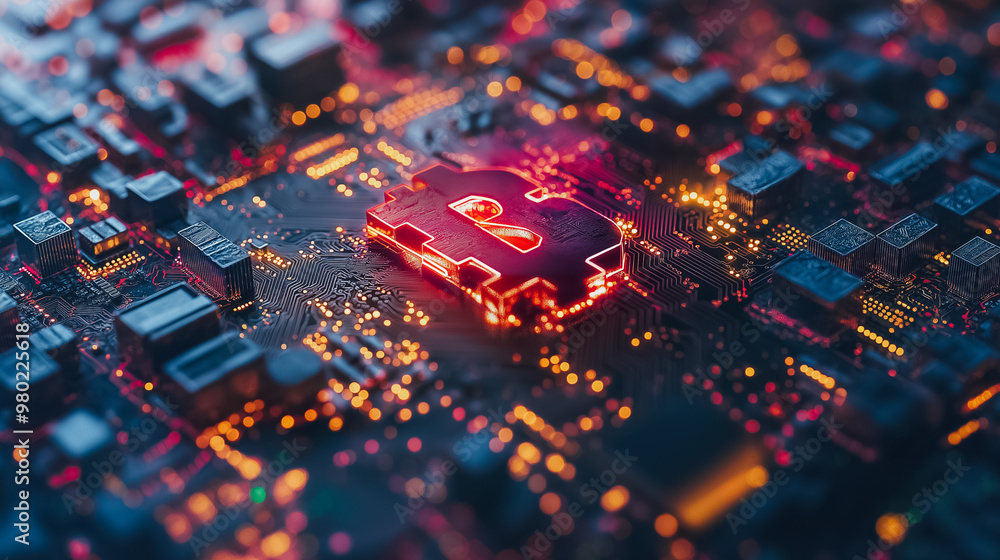 Poster a computer chip with a red letter b sign on it