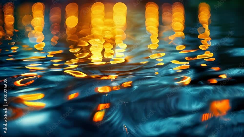 Poster abstract view of golden lights reflecting on water at night, creating a mesmerizing and magical visu