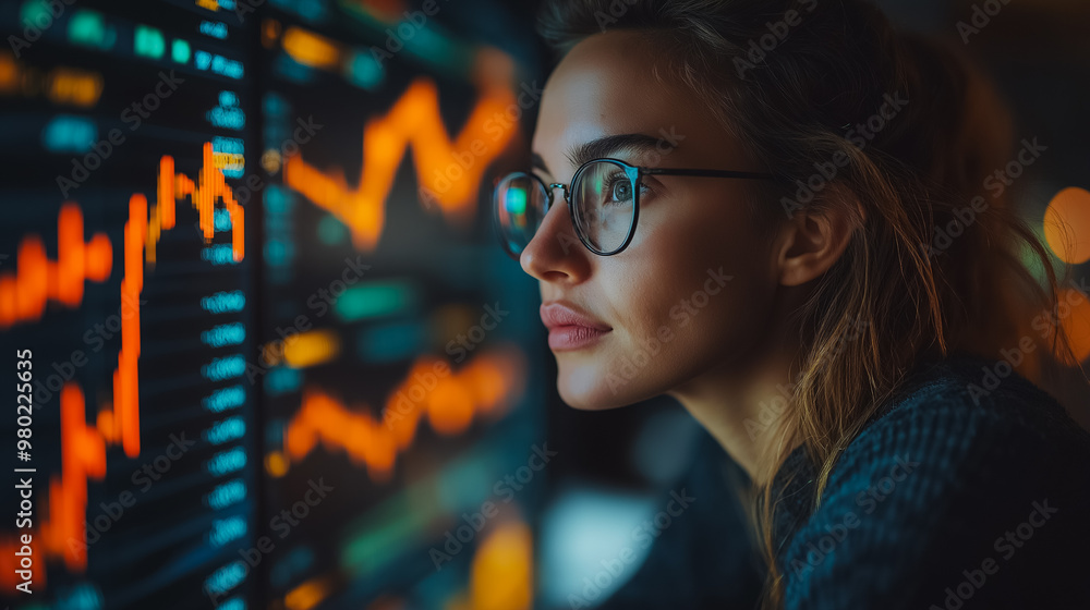 Poster a woman wearing glasses is looking at a computer screen with a lot of numbers and graphs. she is foc