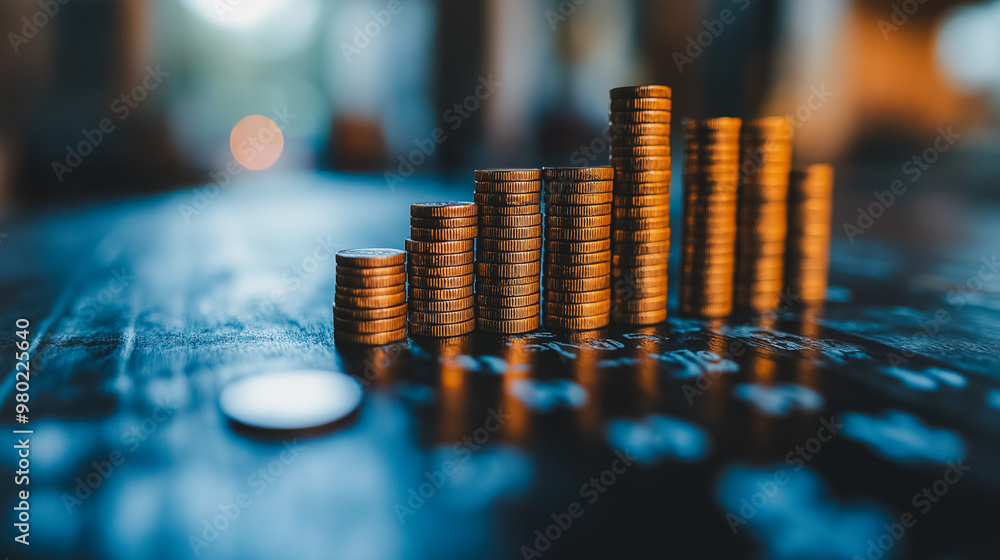 Poster a stack of coins on a table with a penny underneath. the coins are arranged in a pyramid shape, with