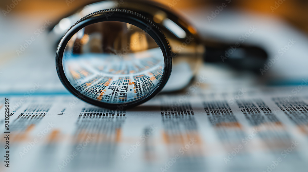 Poster a magnifying glass is on top of a piece of paper with numbers and letters. concept of curiosity and 