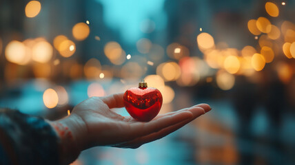 Celebrating World Smile Day with a heart-shaped ornament in a bustling urban setting