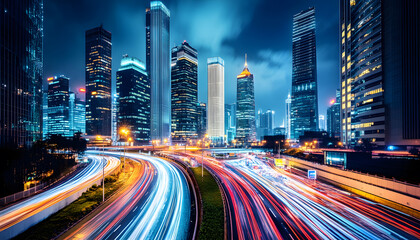 Fototapeta premium A bustling city at night, with skyscrapers illuminated and traffic creating streaks of light